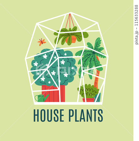 Glass orangery with text House Plants. 115633288