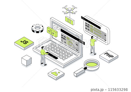 Website creating 3d isometric concept in outline isometry design for web. People creating UI UX interface and homepages at laptop screen, prototyping code and testing scripts. Vector illustration. Website creating 3d isometric concept in outline isometry design for web. People creating UI UX interface and homepages at laptop screen, prototyping code and testing scripts. Vector illustration. 115633298