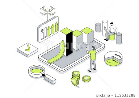 Business strategy 3d isometric concept in outline isometry design for web. People analyzing financial data, planning work tasks, achieving goals, developing success company. Vector illustration. Business strategy 3d isometric concept in outline isometry design for web. People analyzing financial data, planning work tasks, achieving goals, developing success company. Vector illustration. 115633299