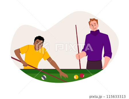 Billiard game competition, cartoon men players near the pool table with cue aiming at billiard ball vector flat in frame 115633313
