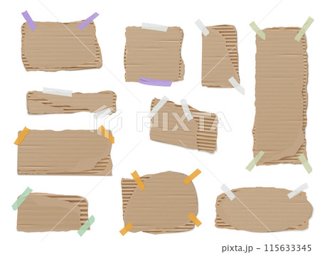 Realistic piece of torn cardboard with sticky tape vector set, ripped corrugated brown paper fragment, notice collage 115633345
