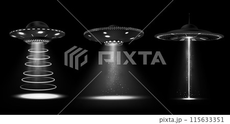 Set of alien UFO rays on isolated black background. Set of alien UFO rays on isolated black background. 115633351