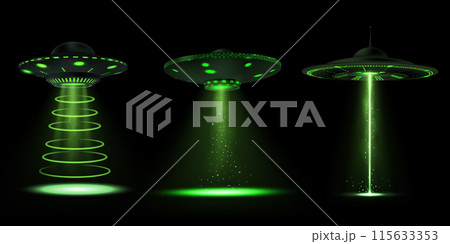 UFO set: alien ships with green beams. Isolated black background. 115633353