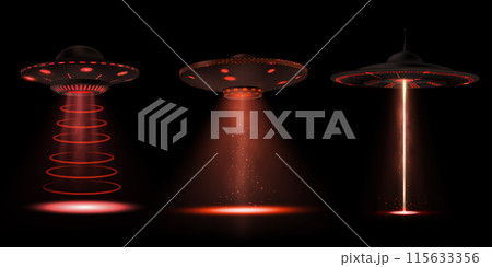 Glowing alien light UFO on black isolated background. Glowing alien light UFO on black isolated background. 115633356