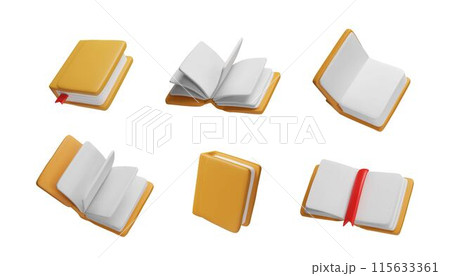Vector set of 3D books open and closed, with a bookmark, blank white hardcover pages Vector set of 3D books open and closed, with a bookmark, blank white hardcover pages 115633361