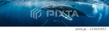 A humpback whale swimming in the ocean. An underwater photograph in the National Geographic style with real light and shadow details. A high resolution, super detailed photo with sharp focus in the st A humpback whale swimming in the ocean. An underwater photograph in the National Geographic style with real light and shadow details. A high resolution, super detailed photo with sharp focus in the st 115633451