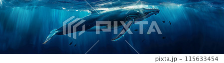 A humpback whale swimming in the ocean, full body, deep blue water, digital painting in the style of fantasy art, cinematic lighting, high resolution 115633454