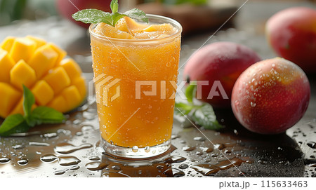 A glass of mango juice with fresh peaches and mint leaves on the table, fresh fruit background, closeup of fruit in focus, glass full of mango drink with ice cubes, tropical summer atmosphere, high re 115633463