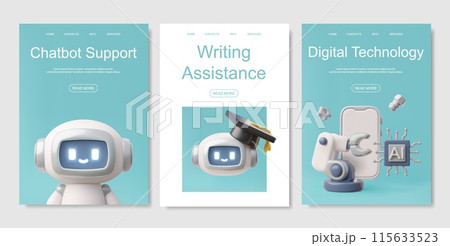 Chatbot robot, digital technology support service, writing assistance 3D vector landing page template set, AI machine 115633523
