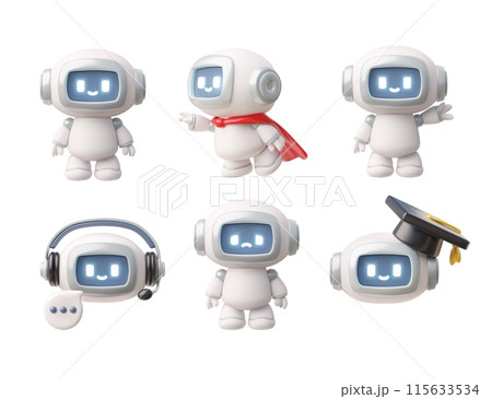 Cute robot chatbot icons in various roles 3D vector illustration set 115633534