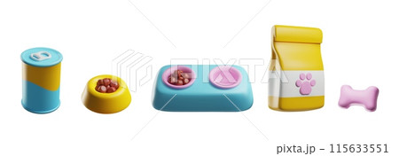 Feed pet bowls, food package bag, bone and metal can 3D vector icon set, cartoon pet care accessory, cat dog nutrition Feed pet bowls, food package bag, bone and metal can 3D vector icon set, cartoon pet care accessory, cat dog nutrition 115633551