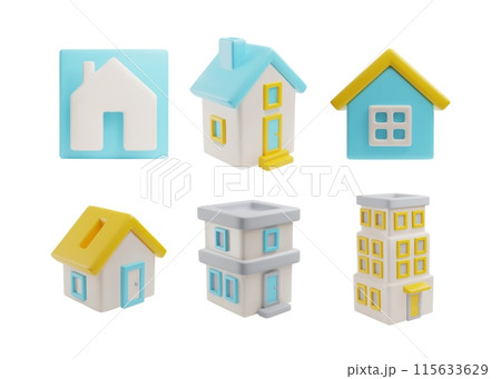 A set of 3D vectors depicting houses, from fancy cottages to multi-storey office buildings, highlighted 115633629