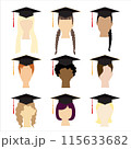 Set of student avatars in graduate hats. Boys and girls portraits with education student caps. Vector illustration 115633682
