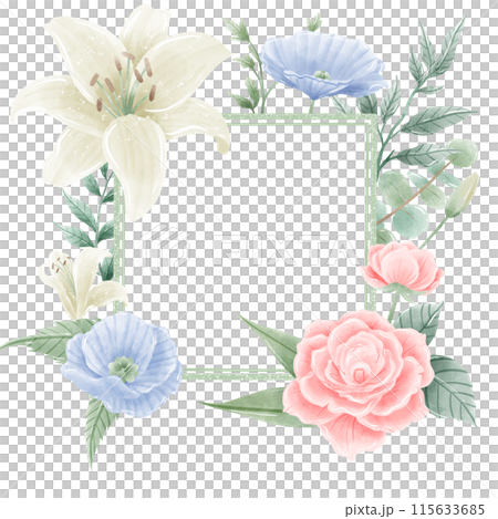 Watercolor Hand drawn illustration 4th of July Independence Day pink rose white lily blue flax flower frame wreath Decoration Illustration Clipart   115633685