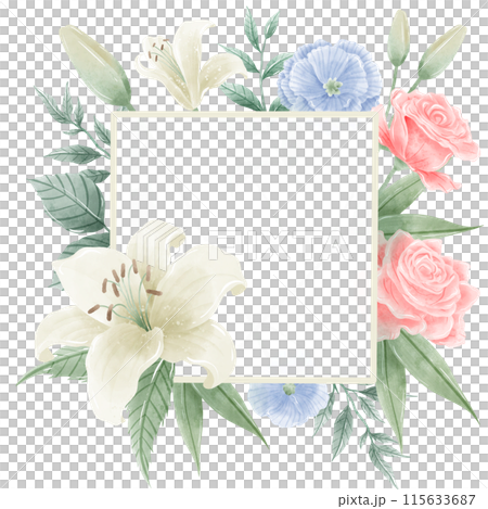 Watercolor Hand drawn illustration 4th of July Independence Day pink rose white lily blue flax flower frame wreath Decoration Illustration Clipart Watercolor Hand drawn illustration 4th of July Independence Day pink rose white lily blue flax flower frame wreath Decoration Illustration Clipart 115633687