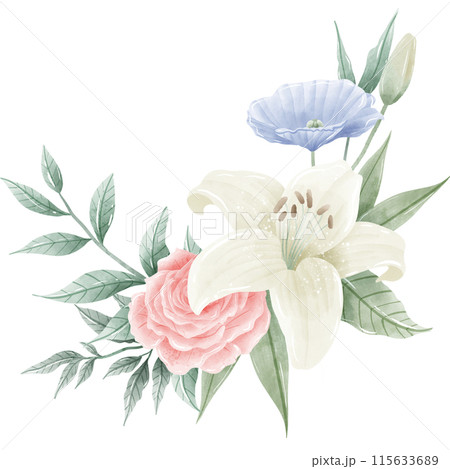 Watercolor Hand drawn illustration 4th of July Independence Day pink rose white lily blue flax flower frame wreath Decoration Illustration Clipart Watercolor Hand drawn illustration 4th of July Independence Day pink rose white lily blue flax flower frame wreath Decoration Illustration Clipart 115633689