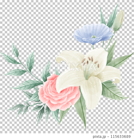 Watercolor Hand drawn illustration 4th of July Independence Day pink rose white lily blue flax flower frame wreath Decoration Illustration Clipart Watercolor Hand drawn illustration 4th of July Independence Day pink rose white lily blue flax flower frame wreath Decoration Illustration Clipart 115633689