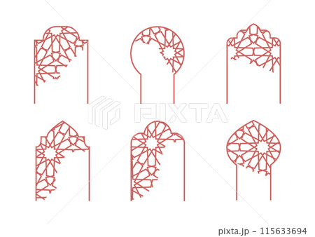 Muslim mosque window, arch, gate. Decorative ornamental arc, door. Line lace vector frame pattern. Muslim mosque window, arch, gate. Decorative ornamental arc, door. Line lace vector frame pattern. 115633694