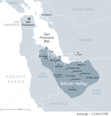 Silicon Valley, a region in Northern California, gray political map. Global center for high technology and innovation in the United States, located in the southern part of the San Francisco Bay Area. 115633700