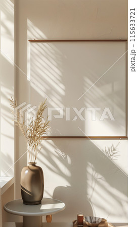 Vertical mockup of blank canvas or picture frame for big square poster in white minimalistic interior. Empty room for exhibition. With warm sunny light. Vertical mockup of blank canvas or picture frame for big square poster in white minimalistic interior. Empty room for exhibition. With warm sunny light. 115633721