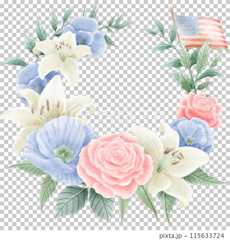 Watercolor Hand drawn illustration 4th of July Independence Day pink rose white lily blue flax flower floral wreath Decoration Illustration Clipart with american flag 115633724