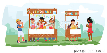 Children Selling Lemonade And Cookie Stands In A Park On A Sunny Day. Characters Interacting With Customers Children Selling Lemonade And Cookie Stands In A Park On A Sunny Day. Characters Interacting With Customers 115633802