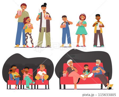 Families And Kids Experiencing Joy And Excitement While Watching Movies At The Cinema. Characters Wearing 3d Glasses Families And Kids Experiencing Joy And Excitement While Watching Movies At The Cinema. Characters Wearing 3d Glasses 115633805