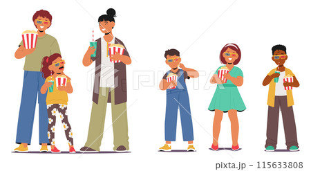 Group Of Kids And Adults Family Characters Enjoying A 3d Movie, Wearing 3d Glasses With Popcorn And Drinks In Hand Group Of Kids And Adults Family Characters Enjoying A 3d Movie, Wearing 3d Glasses With Popcorn And Drinks In Hand 115633808