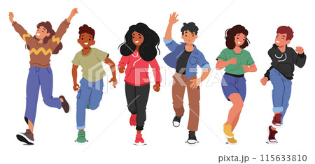 Front View Of A Diverse Group Of Kids Running Together With Happy And Joyful Expressions, Cartoon Vector Illustration 115633810