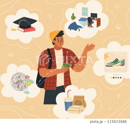 Young man character planning budget thinking about finance allocation 115633886