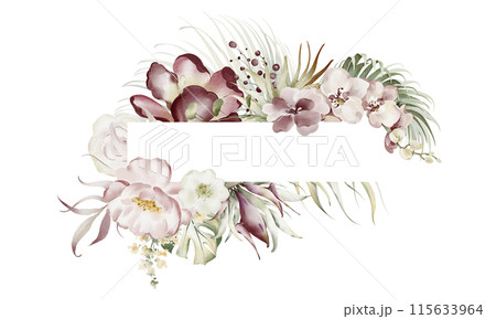 Watercolor frame of tropical flowers and plants. Floral background of roses and peonies. Wedding template for card. Pink flowers exotic composition. Luxury banner. 115633964