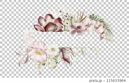 Watercolor frame of tropical flowers and plants. Floral background of roses and peonies. Wedding template for card. Pink flowers exotic composition. Luxury banner. 115633964