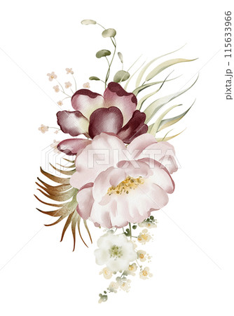 Watercolor flower bouquet. Hand drawn bud pion, rose, eucalyptus and leaves on a white background. Botanical illustration of a wedding branch. Composition of floral elements. Delicate pink floral. 115633966