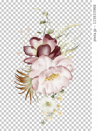 Watercolor flower bouquet. Hand drawn bud pion, rose, eucalyptus and leaves on a white background. Botanical illustration of a wedding branch. Composition of floral elements. Delicate pink floral. 115633966