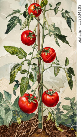 In detailed botanical illustration style, tomatoes thrive on a plantation, their rich, organic fruit ripening amid lush green vines, showcasing natures intricate beauty  115634105