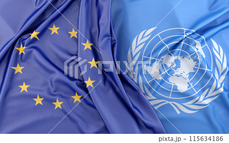 European Union and United Nations flags waving together. 3D rendering 115634186