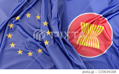 Asean and European Union flags background showing partnership. 3D rendering 115634189