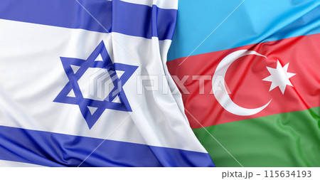 Flag of Israel lying near waving flag of Azerbaijan. 3D rendering Flag of Israel lying near waving flag of Azerbaijan. 3D rendering 115634193