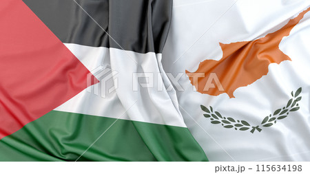 Flag of Palestine laying beside flag of Cyprus. 3D rendering 115634198