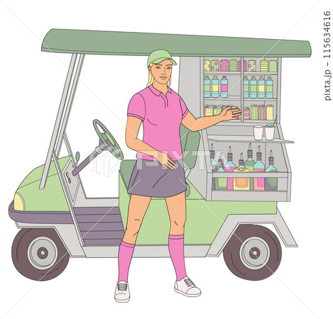 smiling golf club staff character female caddie with beverage golf car smiling golf club staff character female caddie with beverage golf car 115634616