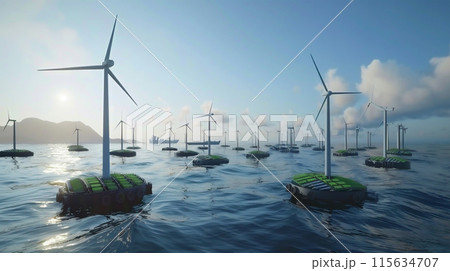 A futuristic scene of windmills in the ocean A futuristic scene of windmills in the ocean 115634707