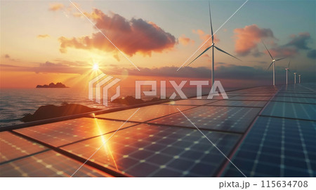 Sunset Over Coastal Wind Turbines and Solar Panels 115634708