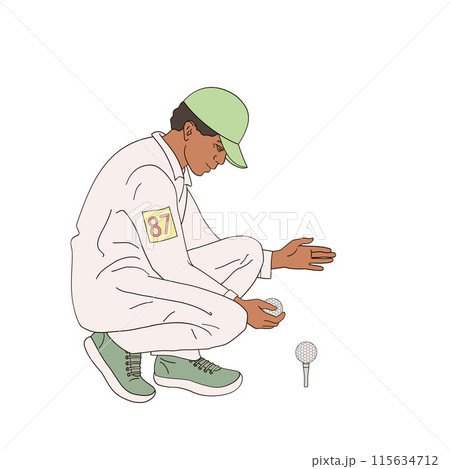 smiling golf club staff character African American male caddie with golf ball 115634712