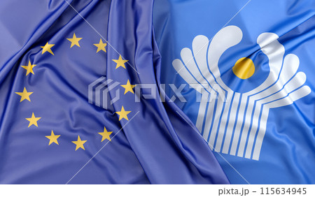 Flags of European Union and commonwealth of independent states lying on top of each other. 3D rendering 115634945