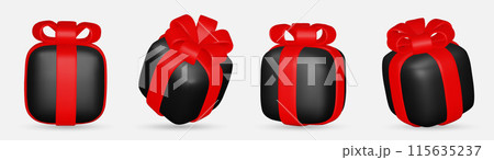 3d gift boxes set with red ribbon bow isolated on a white background. 3d render flying modern holiday closed surprise box. 3d gift boxes set with red ribbon bow isolated on a white background. 3d render flying modern holiday closed surprise box. 115635237