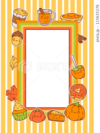 Autumn kawaii card. Happy Thanksgiving Day and Halloween traditional cute symbols. Autumn kawaii card. Happy Thanksgiving Day and Halloween traditional cute symbols. 115635276