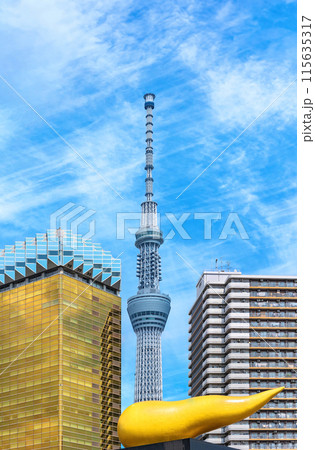 [東京・浅草] 象徴的なアサヒビールホールと東京スカイツリーが並ぶ風景。 115635317