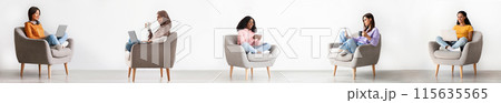 Online Technology. Collage With Diverse Women Browsing Internet Using Computers And Smartphones, Relaxing And Having Fun Sitting In Armchairs Indoor, Panorama. Application And Website Advertisement 115635565