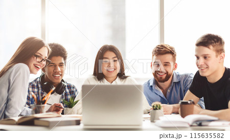 Teenage students collaborating on project in IT class, studying together, panorama 115635582