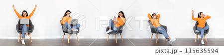 Domestic Online Leisure. Collage With Latin Woman Using Laptop Computer, Texting On Cellphone, Enjoying Successful Internet Job And Relaxing With Headphones Sitting In Armchair Indoor, Panorama 115635594